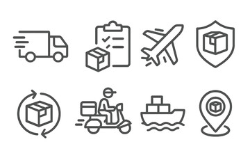 Icons depicting various aspects of logistics and delivery processes, showcasing transport methods, tracking, and security elements