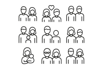 Diverse group of people representing various relationships and connections in simple line art style
