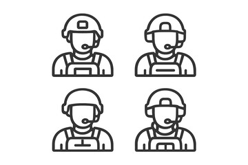 Group of four military personnel with headsets engaged in communication during training exercises