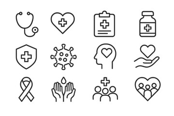 Health care icons representing various aspects of well-being, support, and medical services in a minimalistic style