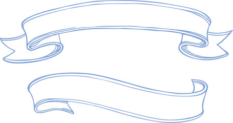 Vintage hand-drawn ribbon banner clipart in elegant blue outline, perfect for text decoration, labels, invitations, and retro graphic design projects with a classic curved scroll look.