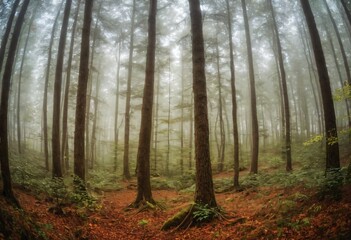 Misty Forest Path: An enchanting path winds through a dense, mystical forest, shrouded in a thick morning mist, creating an ethereal and atmospheric scene. Ai generated image