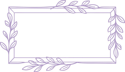 Hand-drawn botanical rectangular frame with leaf accents in minimal purple line art  Elegant floral border design for wedding cards, invitations, posters, scrapbooking, and stationery projects.