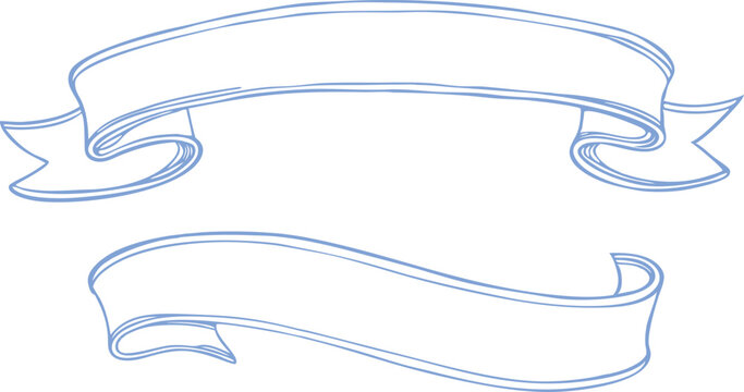 Vintage hand-drawn ribbon banner clipart in elegant blue outline, perfect for text decoration, labels, invitations, and retro graphic design projects with a classic curved scroll look.