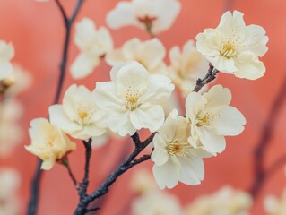 Fototapeta premium Delicate blossoms herald spring their creamy petals whispering of renewal against a soft coral