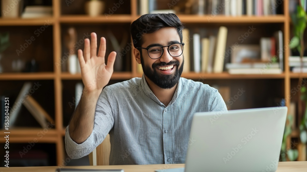 Poster smiling person waves hello while using a laptop in a modern workspace at home