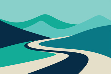 Simple, stylized illustration of a winding road through teal and navy mountains.
