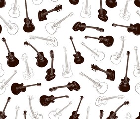 The seamless brown background with different guitars.

