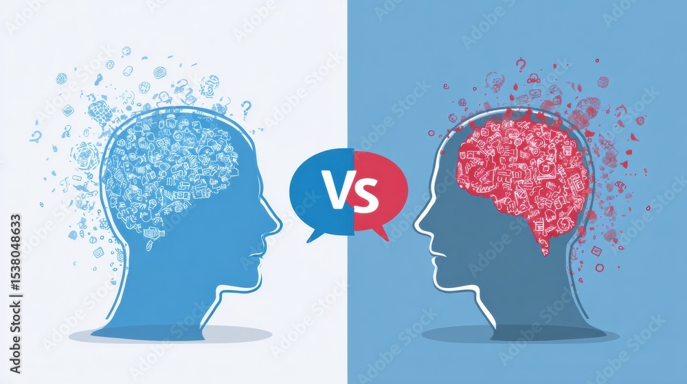 Poster difference between reacting and responding illustrated with human heads, thought clouds, and communi