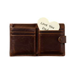 A Brown Leather Wallet with a HeartShaped Note isolated on transparent bacckground