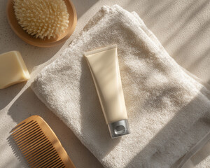Soothing flat lay of cream tube placed on soft towel, surrounded by wooden comb, natural brush, and bar of soap, creating serene and calming atmosphere