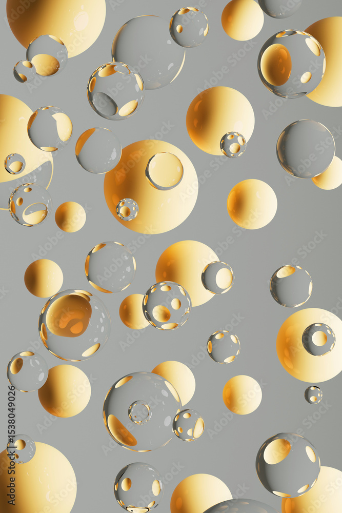 Poster dynamic abstract 3d pattern featuring floating yellow and gray spheres. 3d rendering. abstract geome
