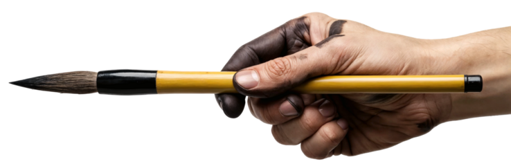 Artist's Hand Holding a Traditional Black Ink Paintbrush with Smudges