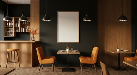 A cozy modern restaurant atmosphere with a small round table for two, wooden chairs, wine glasses, indoor plants, and large empty picture frames on the dark walls