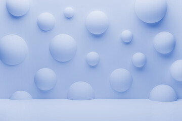 Light pastel blue abstract stage in gentle, delicate, minimal style. Scene with soft matte bubble decor on wall. 3D rendering. Template for presentation cosmetic, showing products, displaying goods.