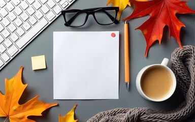 Autumn business concept. Top view photo of workplace keyboard reminder pen stylish glasses cup of frothy coffee fallen maple leaves and scarf on isolated grey background with copyspace. High quality