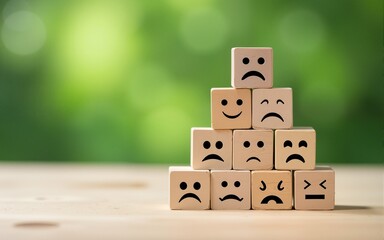 Wooden blocks with sad faces stacked in a pyramid shape on a blurred green background.  Sadness, depression, or negative emotions concept. ideal for mental health or emotional well-being concepts.