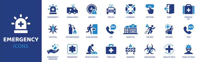 Emergency - Icon Collection. Thin Line Set contains such Icons as Emergency, Alarm, Alert, Siren, Danger, Fire, Rescue and more. Simple web icons set.