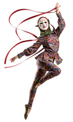 Vibrant Masked Dancer in Colorful Jester Costume with Flowing Red Ribbons