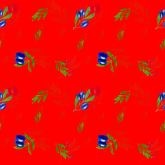 Seamless pattern of olives and olive leaves on red background. Perfect for wallpaper, gift wrap, pattern fill, web page background, summer greeting cards