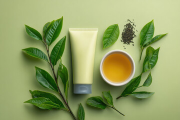 Fresh green tea leaves surround tube of sunscreen and cup of brewed tea, creating serene and natural composition. vibrant colors evoke sense of calm and wellness