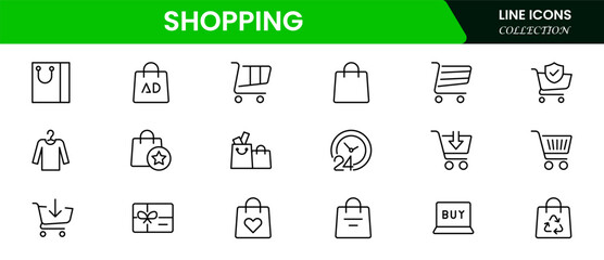 Vibrant vector web line icons depicting shopping, e-commerce, carts, payments, and seamless online retail experiences for dynamic consumer engagement.