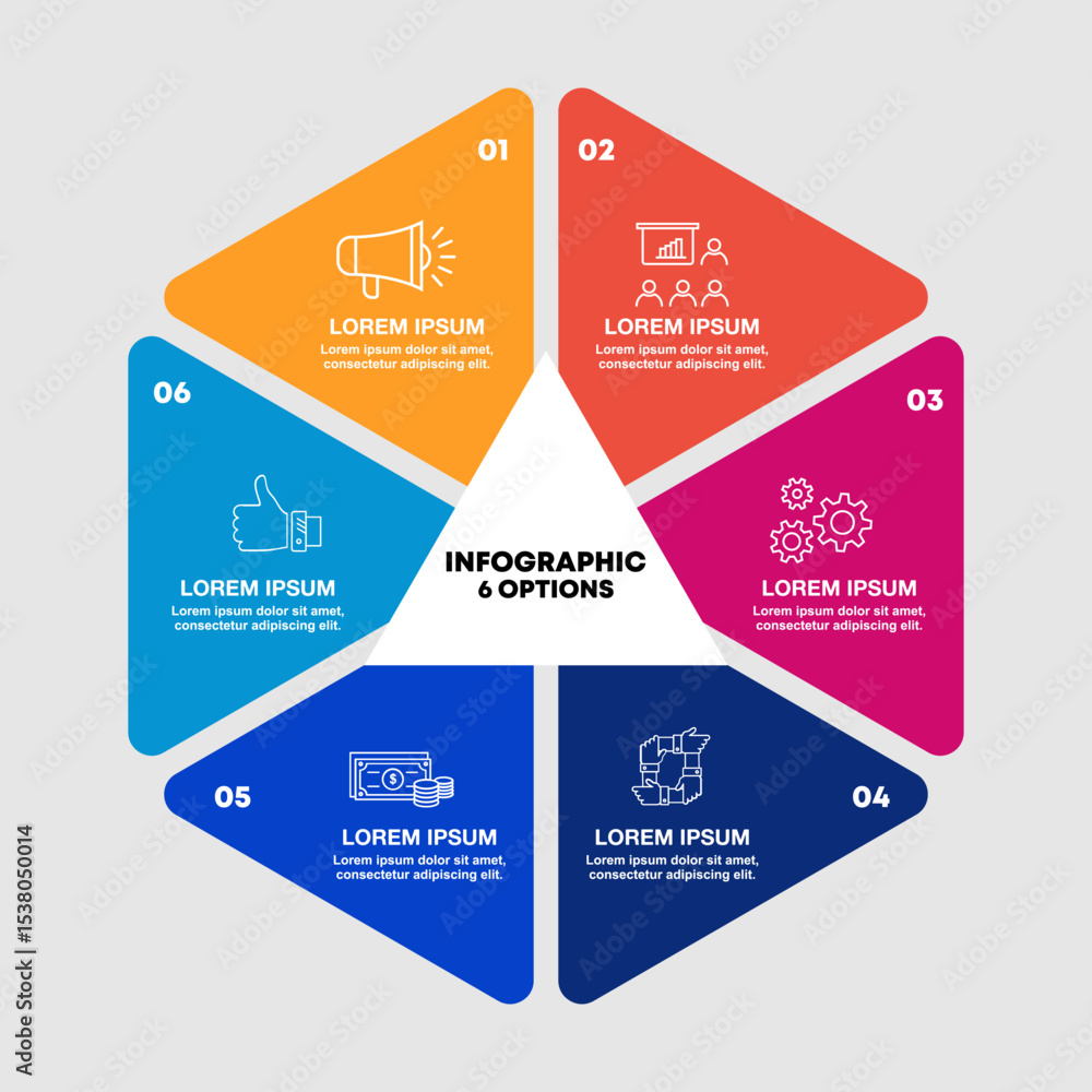 Poster infographic circular diagram with 6 options. hexagon chart that can be used for business analytics, 