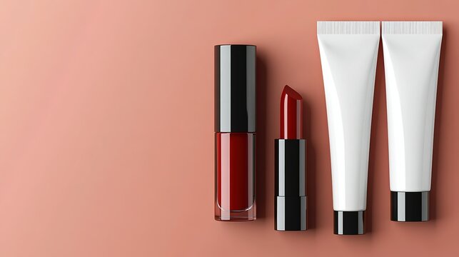 Beauty product set including red liquid lip gloss, red lipstick, white cream tubes with black caps on light pink background, makeup display