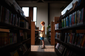 Redheaded boy reading quietly in sunlit library book aisle