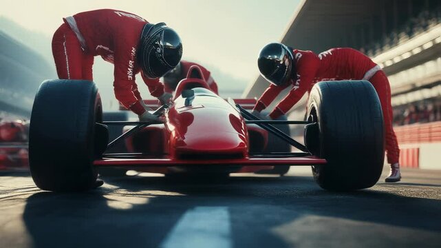 An exciting Formula 1 pit stop sees skilled mechanics rapidly changing tires with highspeed precision and expertise