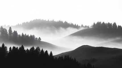 Fototapeta premium Serene Monochrome Landscape Misty Hills and Silhouetted Trees