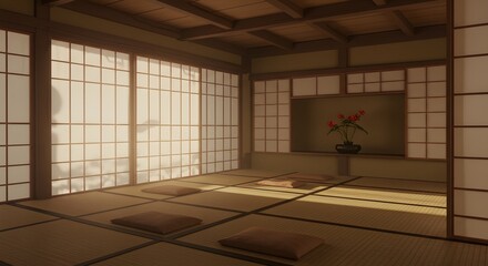 A traditional Japanese room with shoji screens and tatami mats