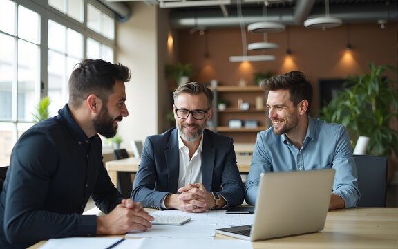 Successful business team are discussing new strategies in office on laptop. Small and medium business development concept. High quality