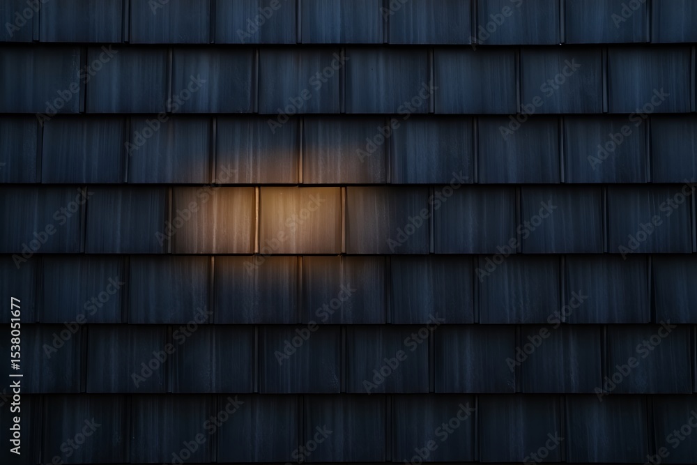 Poster dark gray shingle siding illuminated by warm light source central section of exterior wall showing t