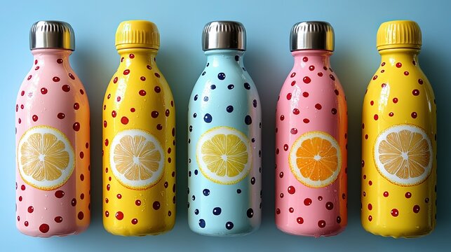 Five colorful water bottles with polka dot patterns and lemon/orange slices, arranged neatly on a light blue background, showcasing a stylish and lively style for product display and home lifestyle ae