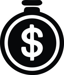 Black and white icon of a coin featuring a large dollar sign