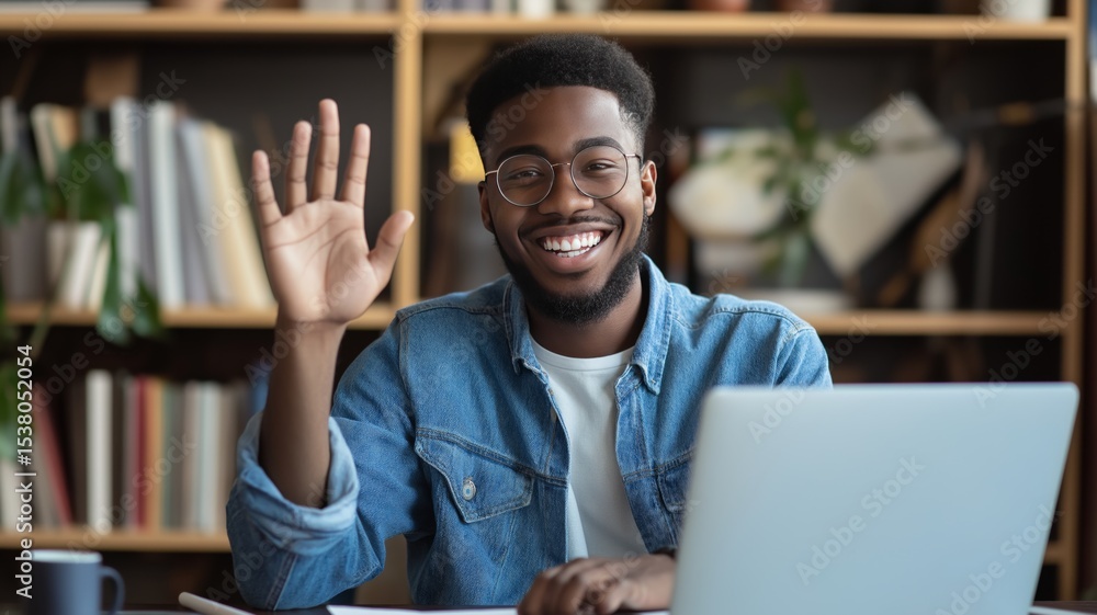 Poster person using laptop in a home office setting waves hello in a friendly gesture