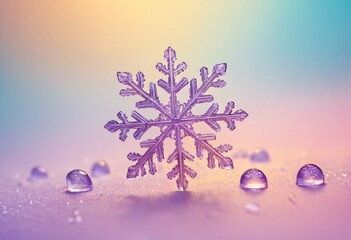 Single Snowflake Macro: Intricate details of a single snowflake, glistening and pristine, are magnified against a soft, pastel backdrop, accentuated by delicate water droplets.  Ai generated image