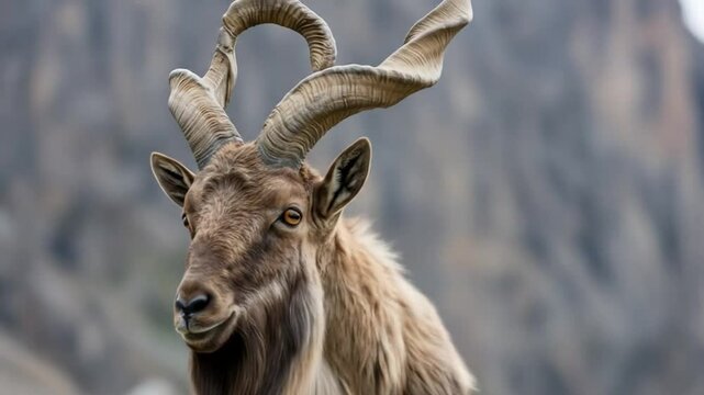 Majestic Markhor Portrait: Close-Up of Wild Goat with Spiraled Horns in Mountain Habitat