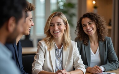 Female business coach leader and team people laughing at training. High quality
