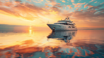 Naklejka premium Majestic cruise ship glides into harbor at dawn, golden sunrise on calm waters — a serene journey begins ﻿