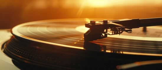 Vinyl record player playing at sunset.