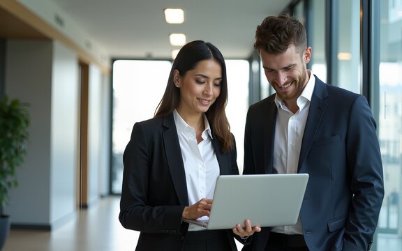 A business woman is watching a laptop content shown to her by young male colleague while standing in company building hallway. Business, people, company. High quality
