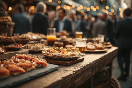 Catering company preparing a buffet table with snacks and drinks for business people at a corporate event