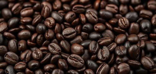 Obraz premium Dark, roasted coffee beans close-up on black background, brown, espresso