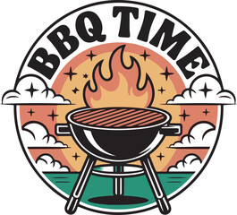 B Q Time Retro Grill Sunset Clouds Fire barbecue grilling