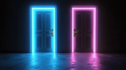 Neon doors in a dark room.