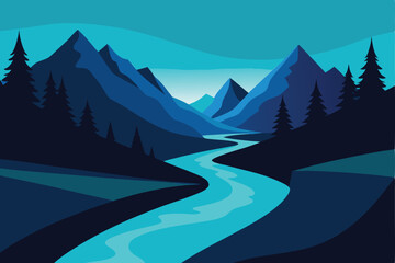 Serene twilight landscape featuring a winding river flowing through a majestic mountain valley.