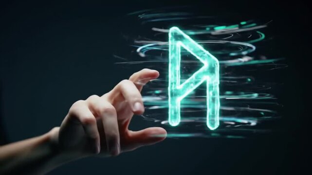 Digital Hand Interacts with Glowing Algiz Rune, Futuristic Technology
