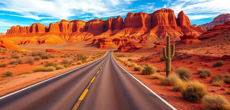 Endless desert highway cuts through vibrant red rock landscape under a brilliant blue sky; cacti dot the roadside, cactus, view